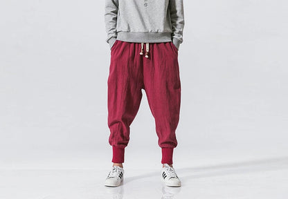 Men’s Cotton Linen Harem Pants – Solid Color Baggy Drop-Crotch Joggers with Elastic Waist Casual Streetwear Trousers