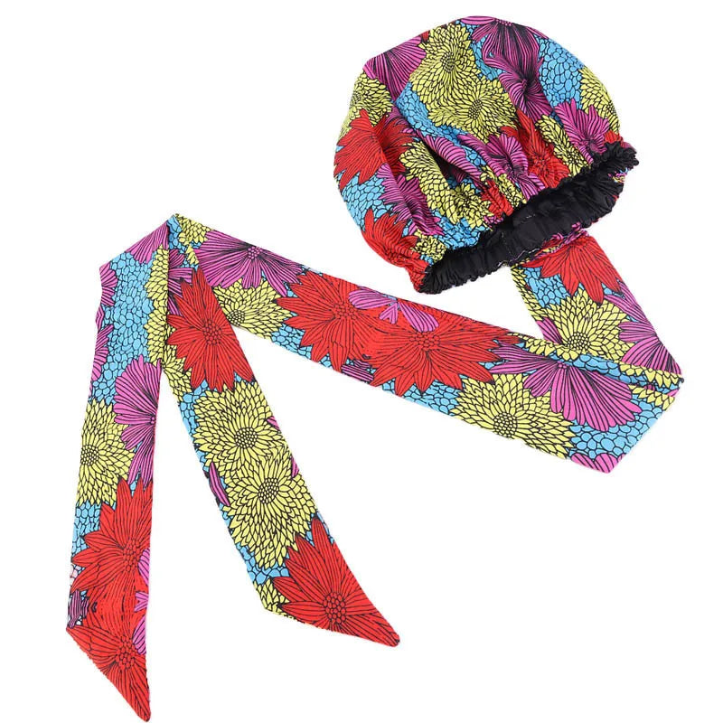 African Satin Lined Bonnet with Long Ribbon - Floral Ankara Print Head Wrap Turban Cap for Women