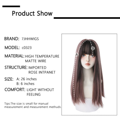7JHHWIGS Long Straight Light Brown Synthetic Wig with Bangs – Heat-Resistant Daily Wear Wig for Women