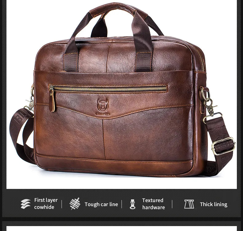 BULLCAPTAIN Men's Genuine Leather Briefcase – 14-Inch Laptop Shoulder Messenger Bag for Business & Office
