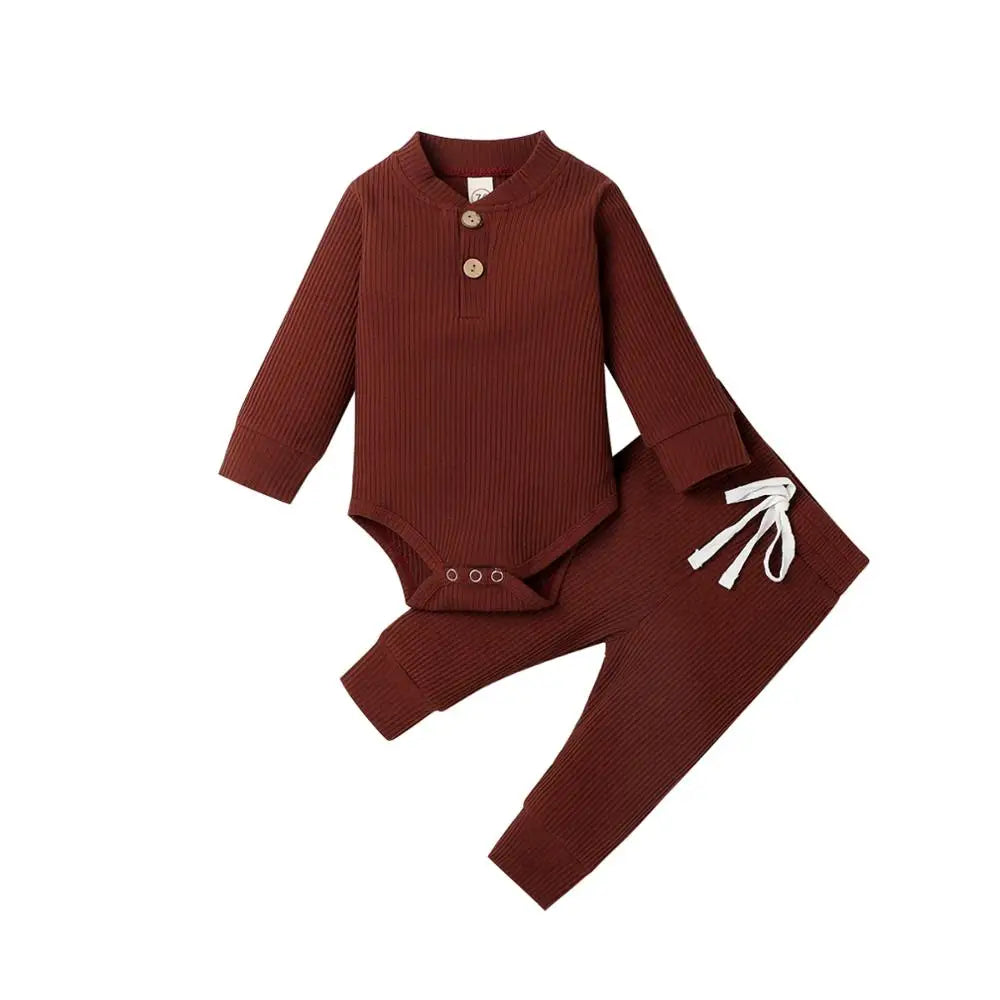 Unisex Baby 2-Piece Outfit Set - Long-Sleeve Ribbed or Plaid Bodysuit with Elastic Pants for Spring & Autumn