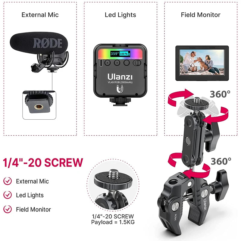 Ulanzi R094 Metal Super Clamp with 360° Ball Head Magic Arm, 1/4" & 3/8" Holes for DSLR Camera, Monitor, Light, Mic, and Rod Mount
