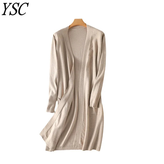 YSC Women’s Knitted Cashmere Wool Blend Cardigan – V-Neck, Long Buttonless Style with Pocket Trim