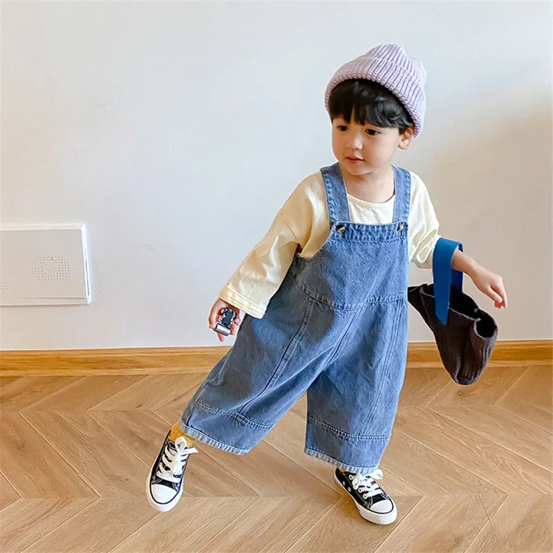 2024 Autumn Kids Denim Overalls – Loose Casual Bib Pants for Boys & Girls 1-7Y Spring Fall Outwear