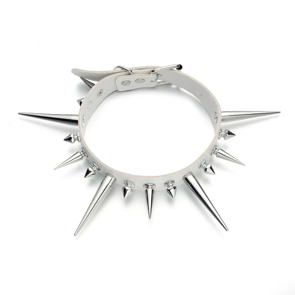 Punk Long Spike Choker – Studded Faux Leather Collar for Men & Women, Goth Rivet Necklace