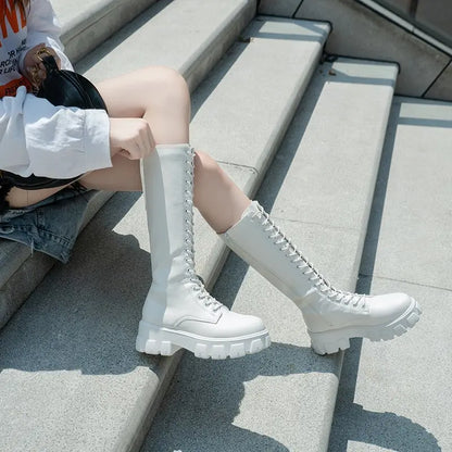 Aphixta 2025 Women’s Winter Knee-High Boots – White PU Leather Lace-Up Platform Fashion Shoes