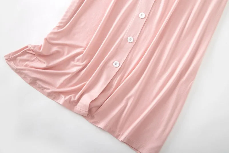 Women’s Modal Short-Sleeve Night Dress – Mid-Length Cotton Sleep Top with Buttons, Plus Size Pajamas