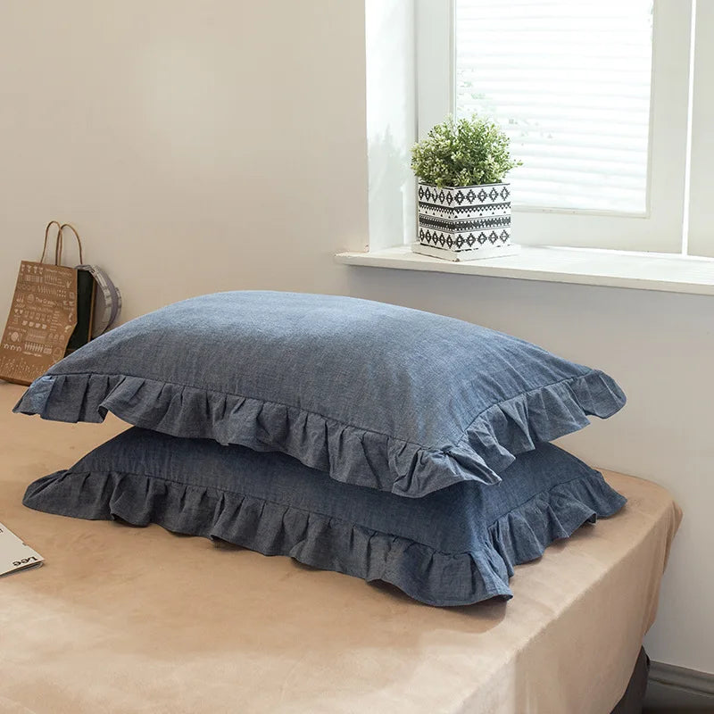 2 Pack 48x74cm Plaid Washed Cotton Pillowcases – Super Soft Ruffled Bedding Covers for Home & Dorm Decor