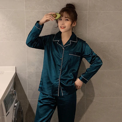 Solid Color Silk Satin Pajama Set – Long Button-Down Sleepwear for Couples, Women & Men Loungewear Plus Size