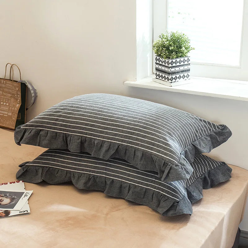 2 Pack 48x74cm Plaid Washed Cotton Pillowcases – Super Soft Ruffled Bedding Covers for Home & Dorm Decor