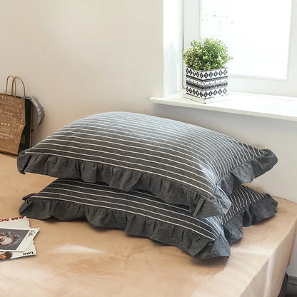 2 Pack 48x74cm Plaid Washed Cotton Pillowcases – Super Soft Ruffled Bedding Covers for Home & Dorm Decor