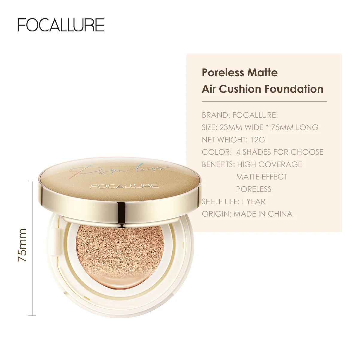 FOCALLURE Air Cushion BB Cream – Poreless, Waterproof, Long-Lasting Matte Foundation & Brightening Concealer with Puff