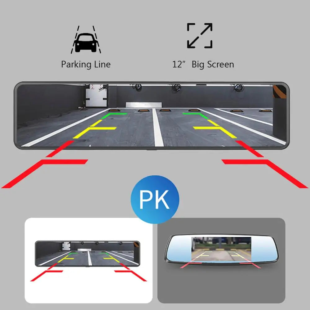 4K 12-Inch Dual Lens Dash Cam – 3840*2160P, WIFI, GPS, APP, Rearview Mirror Camera, Touch Screen Streaming Video Recorder, Car DVR