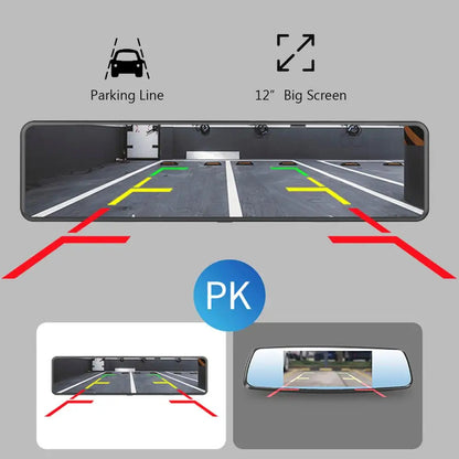 4K 12-Inch Dual Lens Dash Cam – 3840*2160P, WIFI, GPS, APP, Rearview Mirror Camera, Touch Screen Streaming Video Recorder, Car DVR
