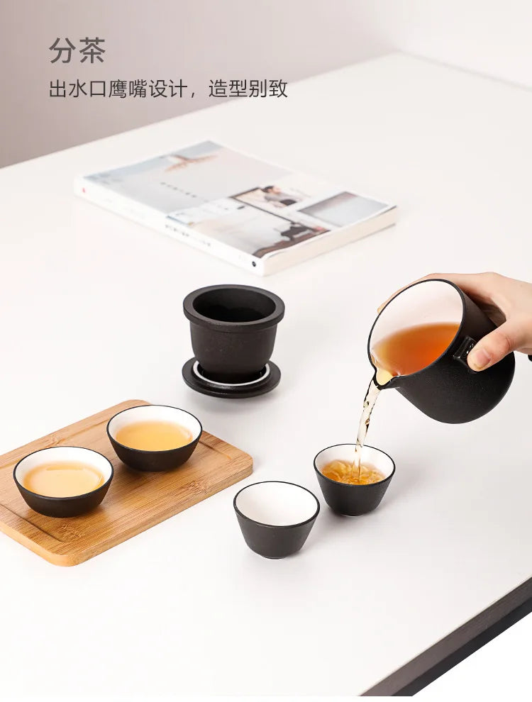 HMLOVE Ceramic Teapot Set – 1 Pot & 4 Cups Chinese Kung Fu Gaiwan with Strainers, 260ML Portable Travel Teaware Gift for Business