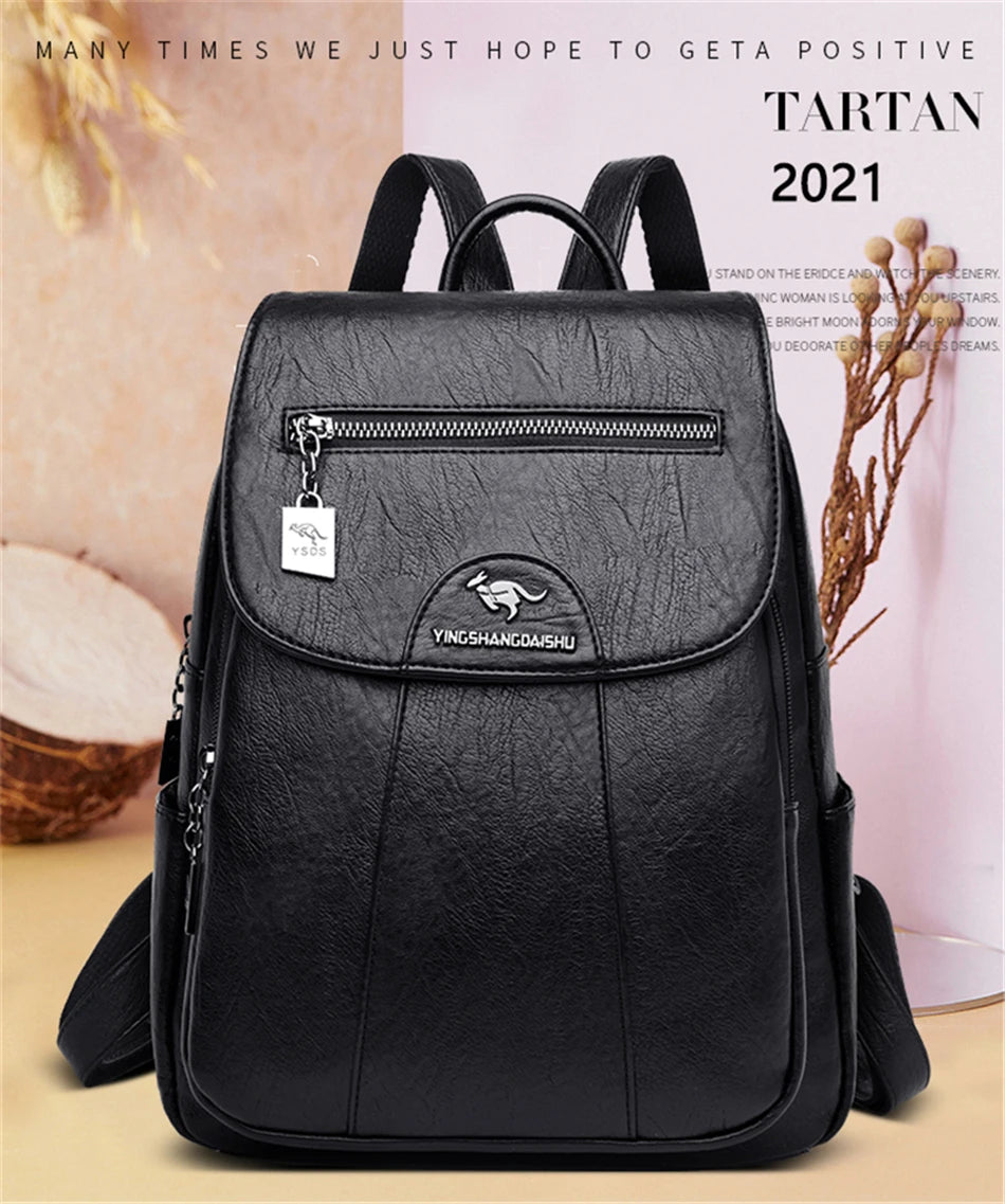 Women's Backpack 2022 - High-Quality Soft Leather, Large Capacity, Leisure Travel & School Bag for Teenage Girls - Black Mochila