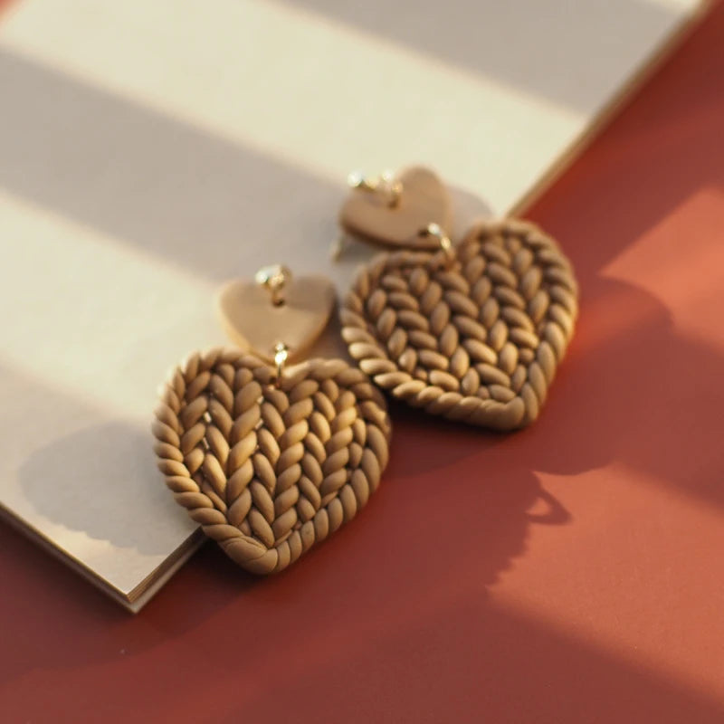 Handmade Knitted Heart-Shaped Polymer Clay Earrings – Braided Multi-Color Dangle Jewelry Set, Cute Love Gift
