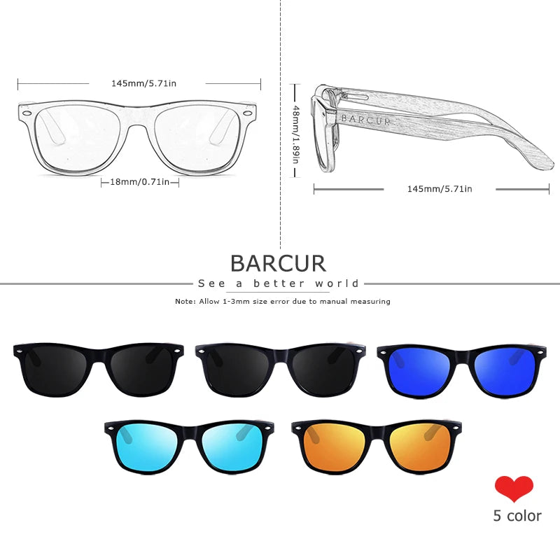 BARCUR Black Walnut Wood Polarized Sunglasses for Men – High-Quality Square UV400 Eyewear with Original Box