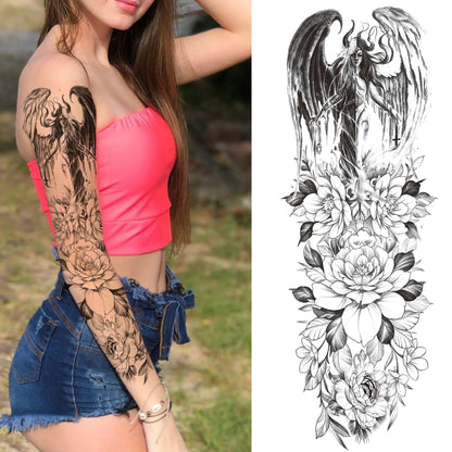 Temporary Tattoo Sleeve - Realistic Full Arm Skull Angel Maori Design Tattoo Sticker for Men & Women