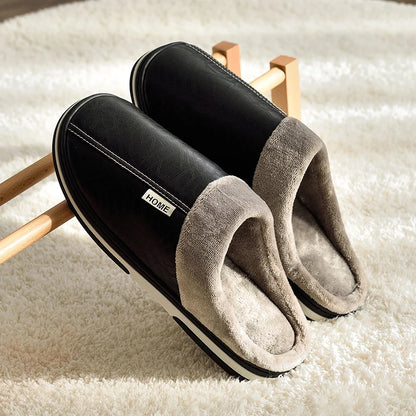Men’s Large Size Winter Slippers — Waterproof PU Leather Indoor Home Shoes with Fur Cotton, Flat Bedroom Slippers