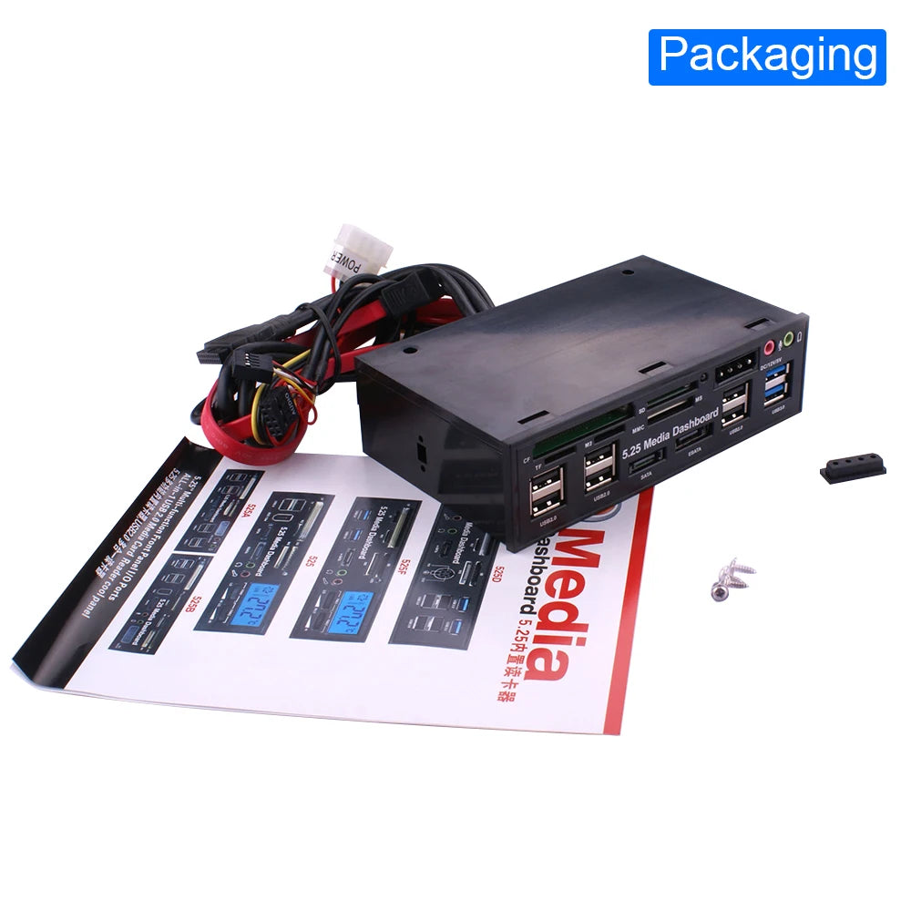 DeepFox 5.25" Media Dashboard Card Reader – USB 2.0/3.0, e-SATA, SATA Front Panel for Optical Drive Bays