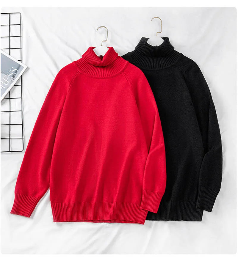 Plus Size 170Kg Women's Turtleneck Knitted Sweater – Loose Fit Pullover, Bust 160cm, Black/Red, 5XL-10XL