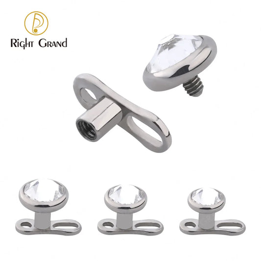 5Pcs Right Grand ASTM F136 Titanium 14G 2-Hole Internally Threaded CZ Dermal Anchor Tops & Base – Microdermal Piercing Jewelry Set