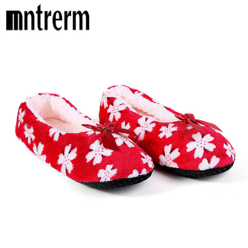 Mntrerm Women's Warm Cotton Slippers with Non-Slip Sole, Plush Indoor Shoes with Bow Tie Dots