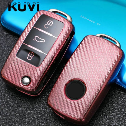 TPU Carbon Fiber Car Key Case Cover for VW & Skoda – Fits Polo, Tiguan, Passat B5 B6 B7, Golf 4 5 6 MK6, Jetta, Lavida, Octavia
