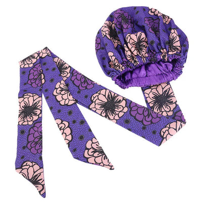African Print Satin Bonnet with Long Ribbon - Double-Layer Ankara Hair Wrap Cap for Women, Large Size Head Cover