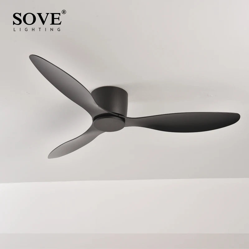 SOVE Modern Black & White Low Floor Ceiling Fan – 30W DC Motor with Remote Control, No Light, 220V