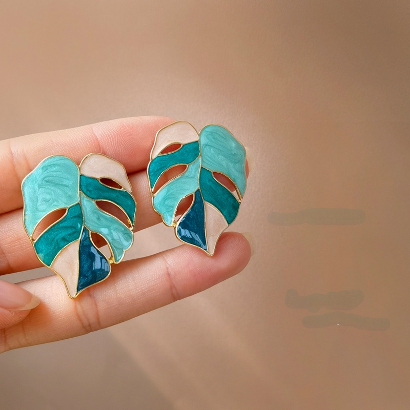 925 Silver Leaf Earrings for Women – Modern Geometric Green & White Trendy Jewelry Gift