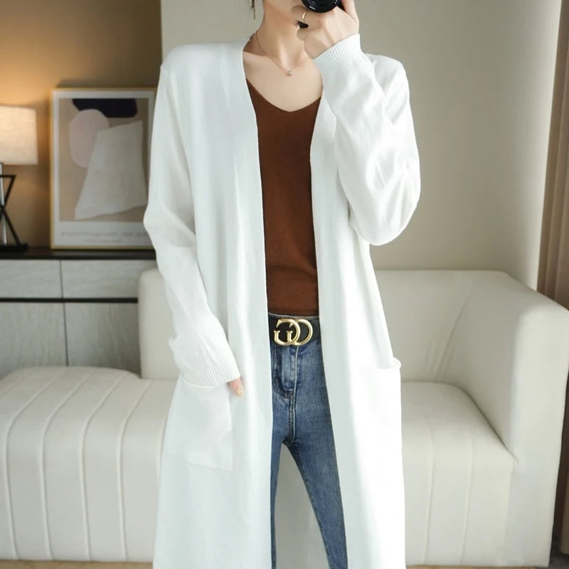 YSC Women’s Knitted Cashmere Wool Blend Cardigan – V-Neck, Long Buttonless Style with Pocket Trim