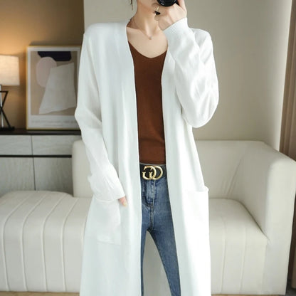 YSC Women’s Knitted Cashmere Wool Blend Cardigan – V-Neck, Long Buttonless Style with Pocket Trim