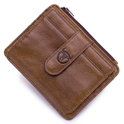 BULLCAPTAIN Genuine Leather RFID Zipper Card Holder – Slim Mini Wallet for Credit Cards & ID, Men’s Business Wallet