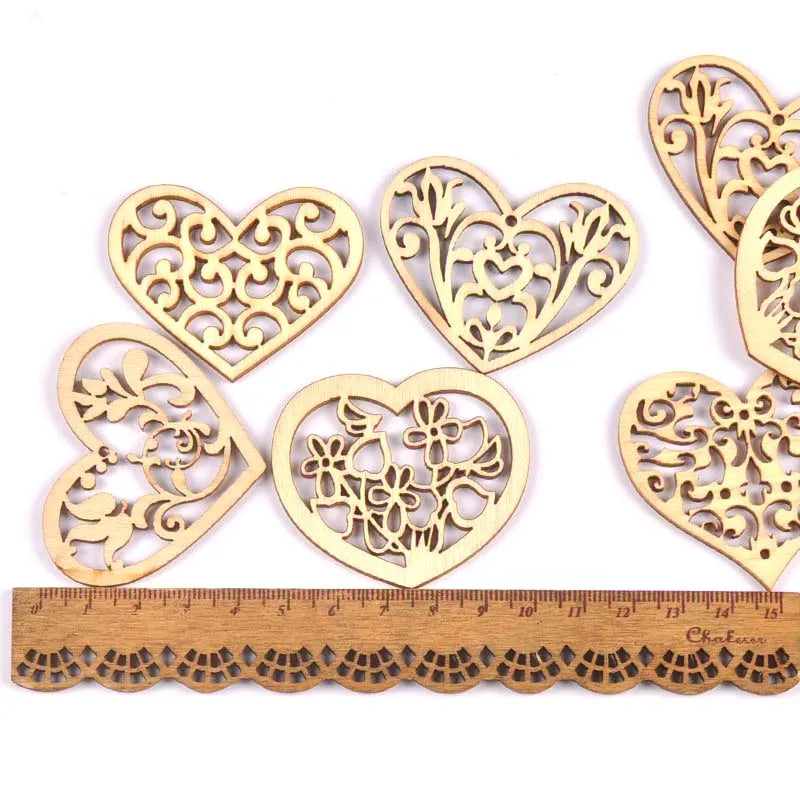 12PCS Mixed Lace Heart Wood Pendants – DIY Scrapbook, Home Hanging Ornaments & Wedding Decor Embellishments 38x50mm
