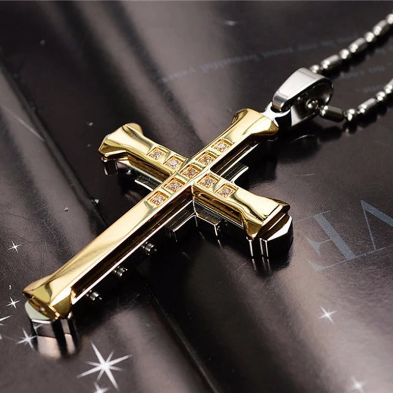 SUMENG 2025 Crystal Cross Jesus Pendant Necklace – Stainless Steel Gold/Black/Blue Zirconia Religious Jewelry for Men, Fashion Christian Gift