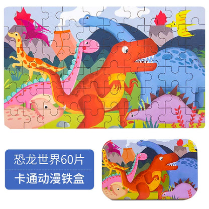60PCS Wooden Puzzle Toys – Cartoon Vehicle & Animal Jigsaw for Kids’ Learning & Educational Play
