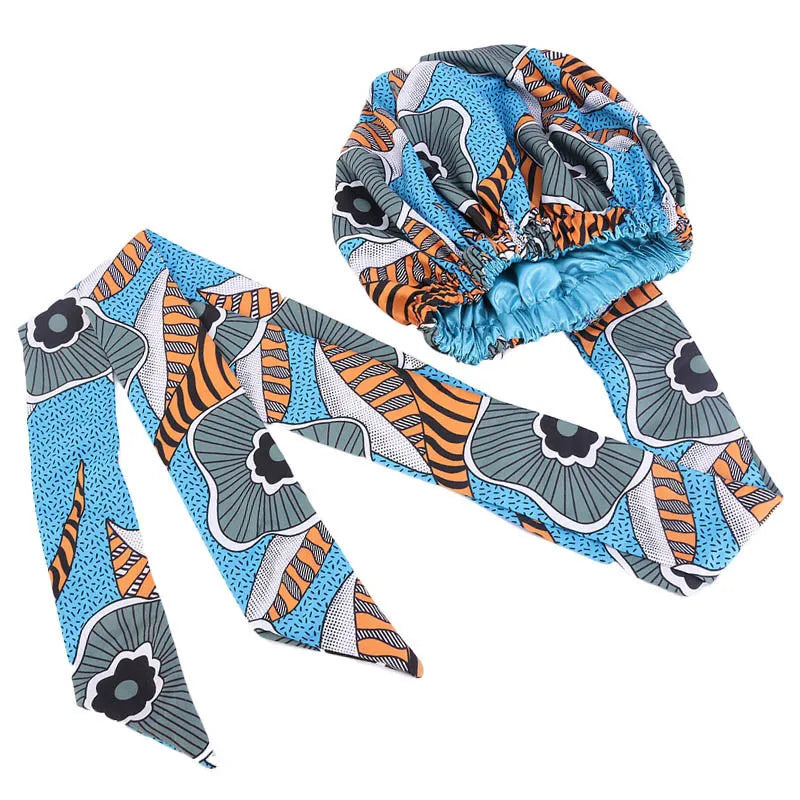African Print Satin Bonnet with Long Ribbon - Double-Layer Ankara Hair Wrap Cap for Women, Large Size Head Cover