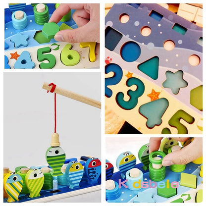 Montessori Math Learning Toy - Wooden Puzzle Fishing Game with Number Counting, Shape Matching & Sorting Activities for Toddlers