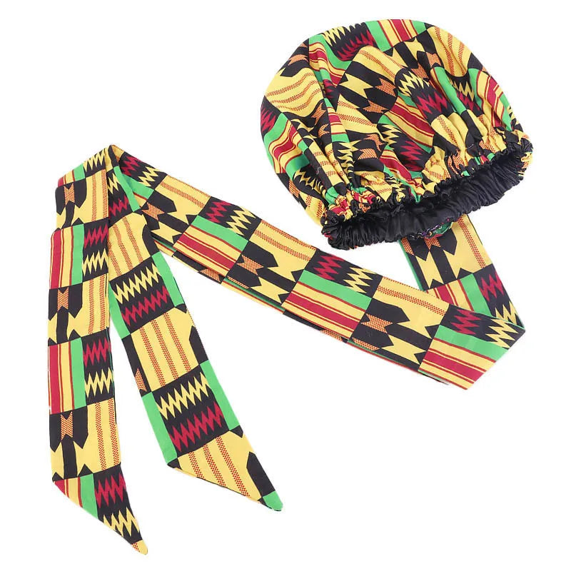 African Satin Lined Bonnet with Long Ribbon - Floral Ankara Print Head Wrap Turban Cap for Women