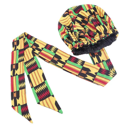 African Satin Lined Bonnet with Long Ribbon - Floral Ankara Print Head Wrap Turban Cap for Women