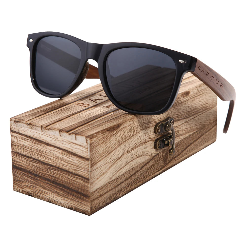 BARCUR Black Walnut Wood Polarized Sunglasses for Men – High-Quality Square UV400 Eyewear with Original Box