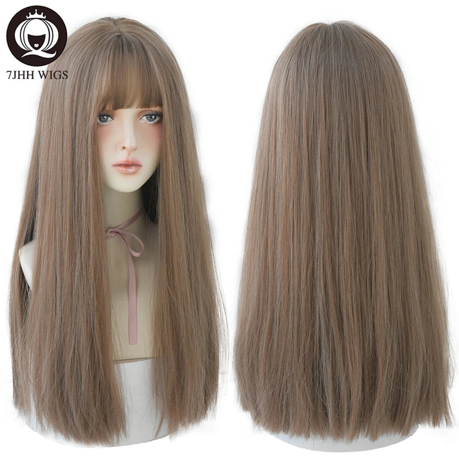 7JHHWIGS Long Straight Light Brown Synthetic Wig with Bangs – Heat-Resistant Daily Wear Wig for Women
