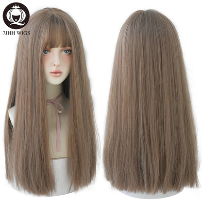 7JHHWIGS Long Straight Light Brown Synthetic Wig with Bangs – Heat-Resistant Daily Wear Wig for Women
