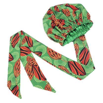African Print Satin Bonnet with Long Ribbon - Double-Layer Ankara Hair Wrap Cap for Women, Large Size Head Cover