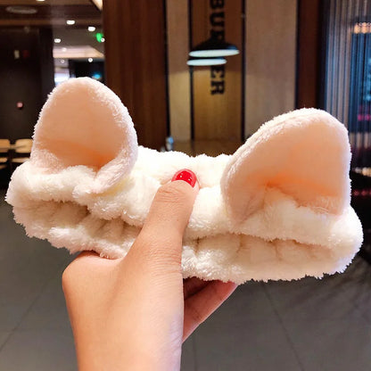 Soft Coral Fleece Bow Headband – Wash Face Hair Holder with Animal Ears for Women & Girls