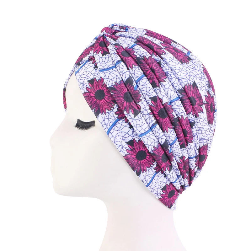African Print Turban Head Wrap - Soft Stretch Twisted Pleated Beanie Bonnet for Women, Headtie & Chemo Cap