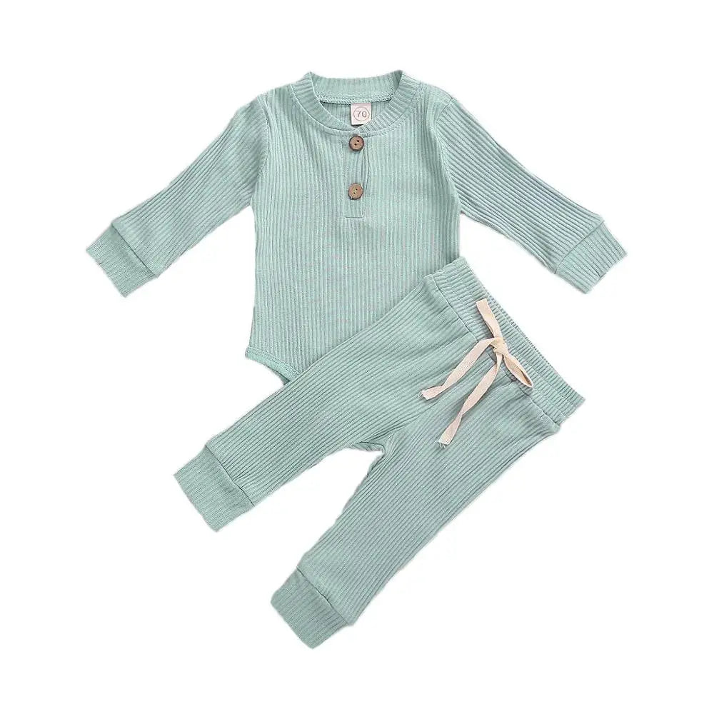 Unisex Baby 2-Piece Outfit Set - Long-Sleeve Ribbed or Plaid Bodysuit with Elastic Pants for Spring & Autumn