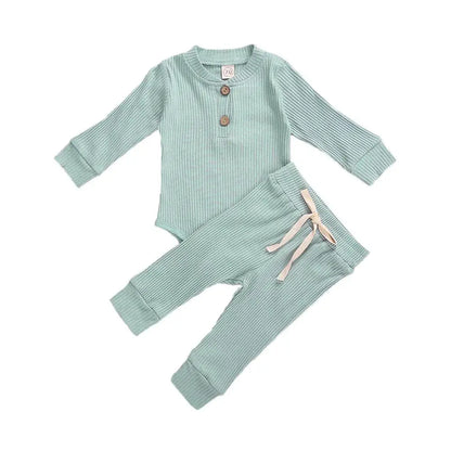 Unisex Baby 2-Piece Outfit Set - Long-Sleeve Ribbed or Plaid Bodysuit with Elastic Pants for Spring & Autumn